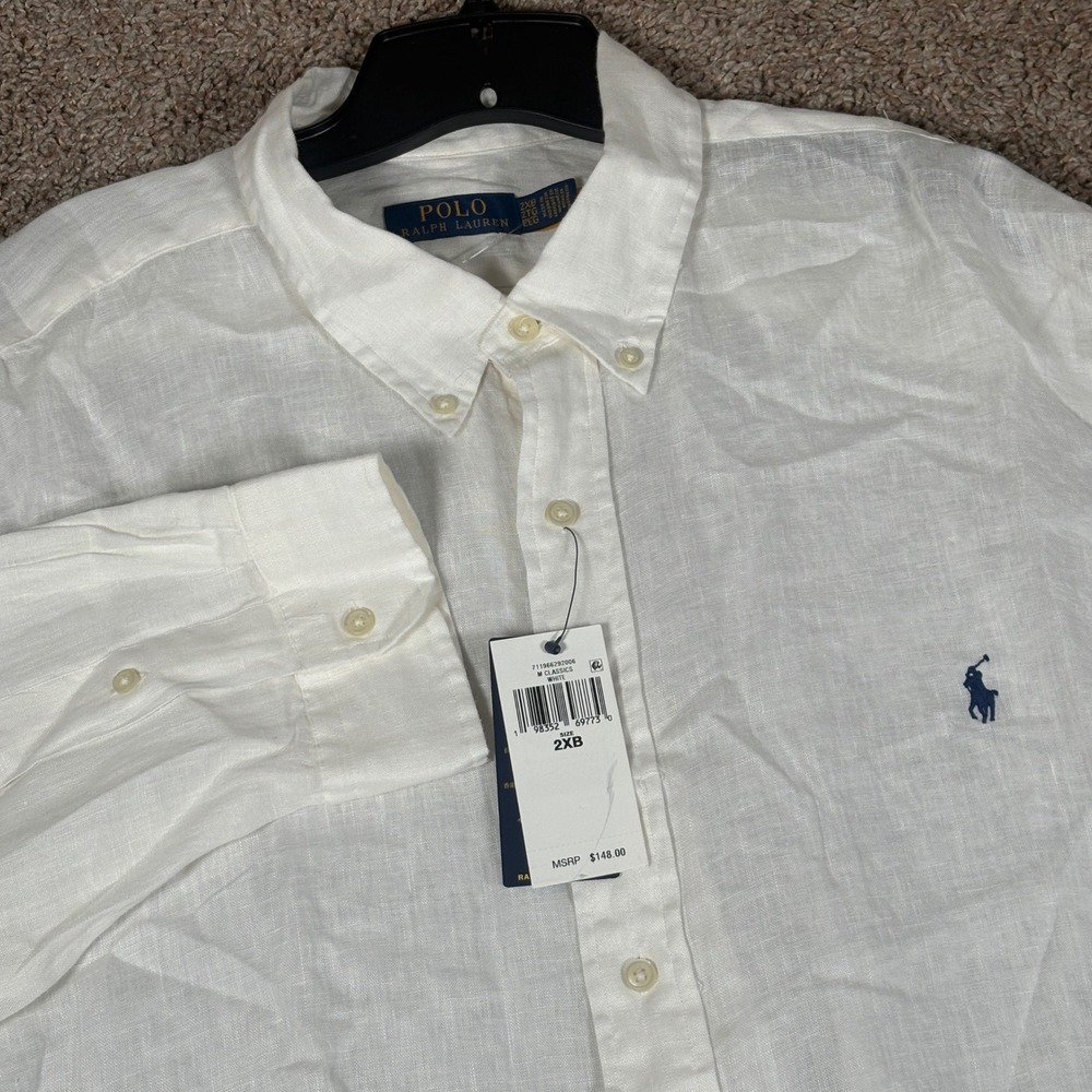 Polo Ralph Lauren Mens 2XB White Linen Button Down Shirt Long Sleeve NWT